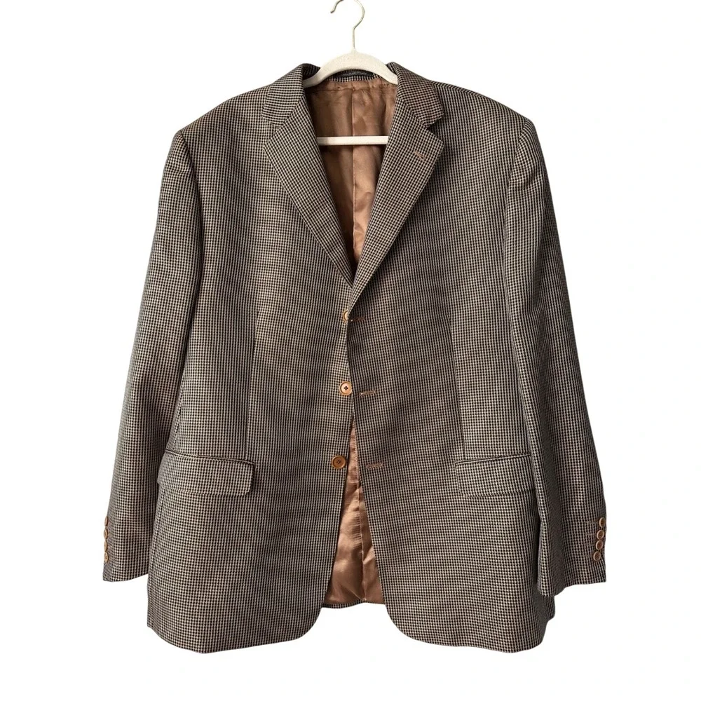 Lubiam Houndstooth Blazer Made in Italy Brown‎ Wool Blend Sport Coat XXL - Picture 2 of 10